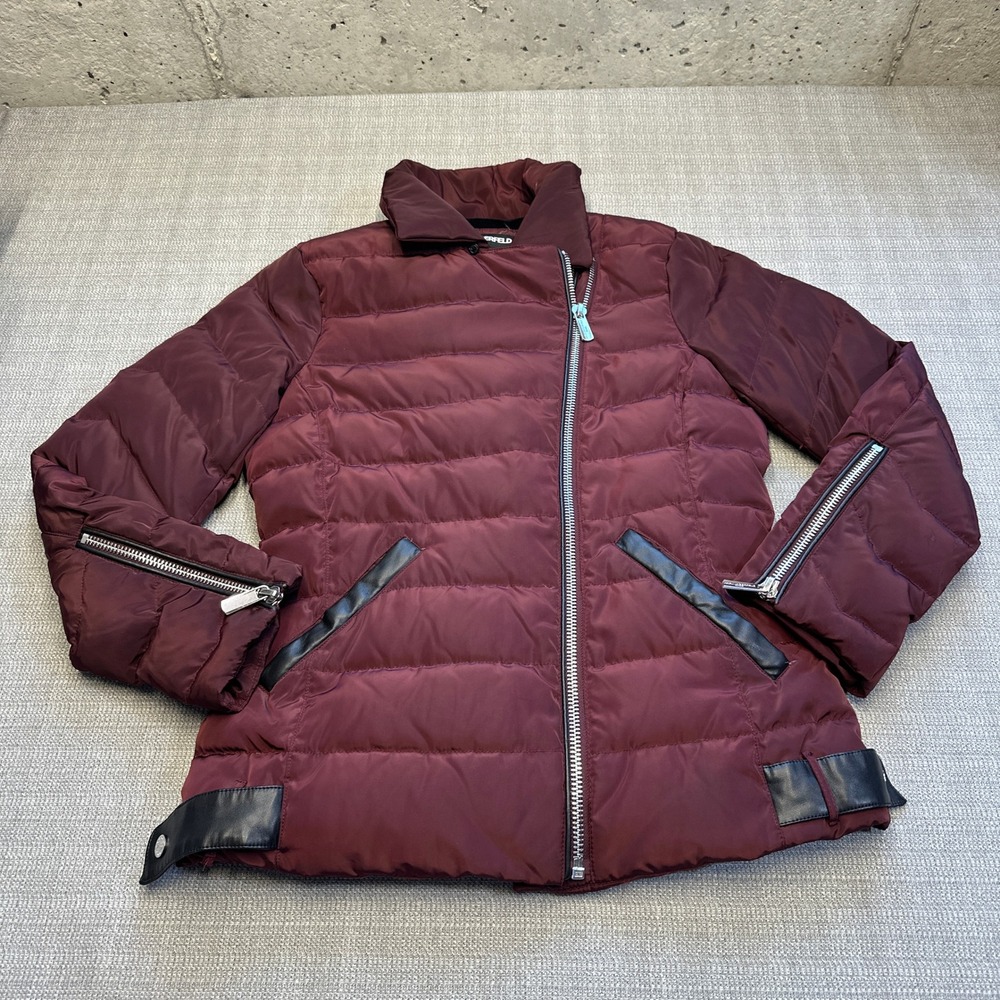 Karl Lagerfeld Paris Down Puffer Jacket Womens Medium‎ Burgundy Moto Quilted *